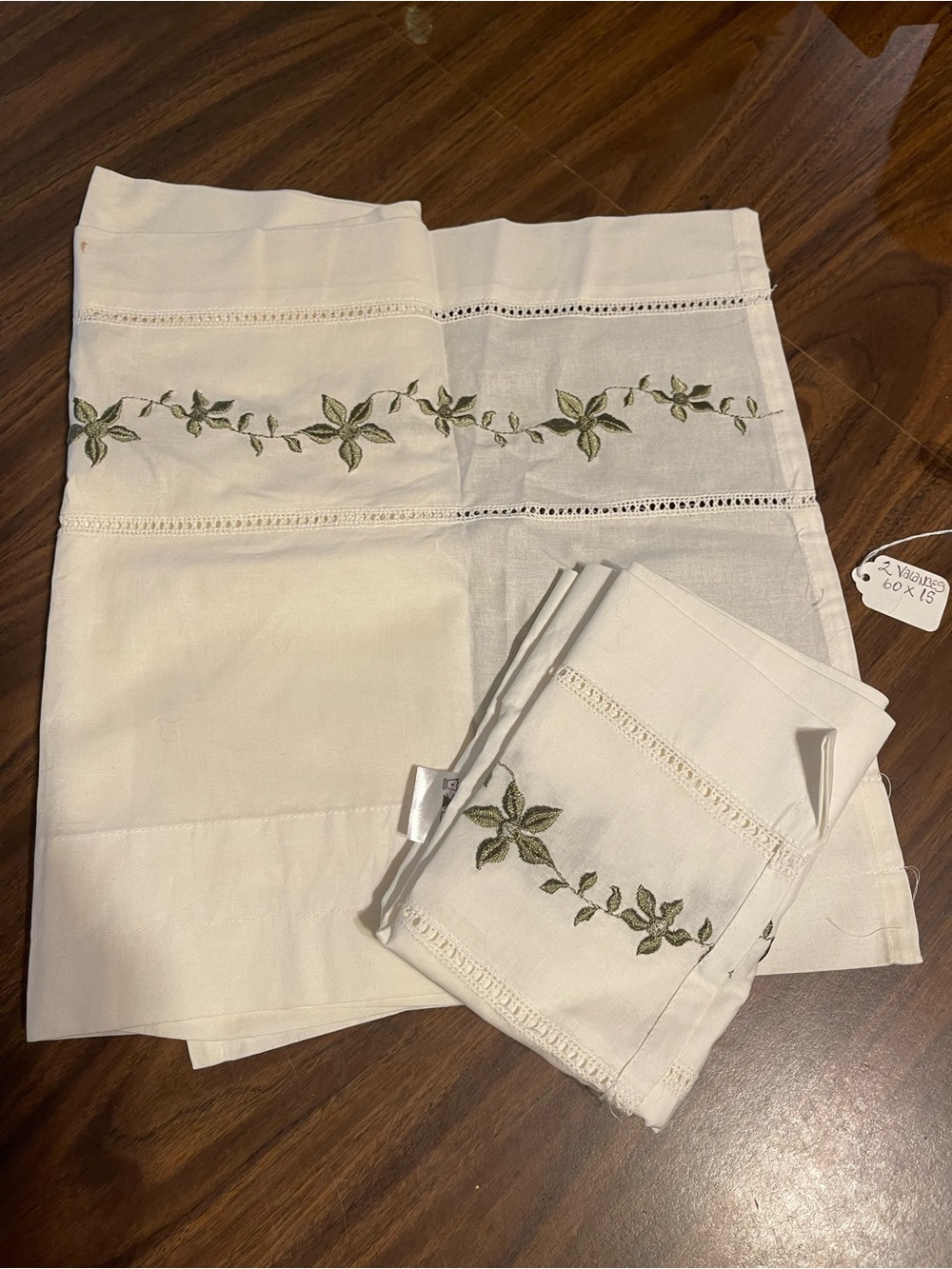 Embroidered 100% cotton valence pair ea 60x15”
